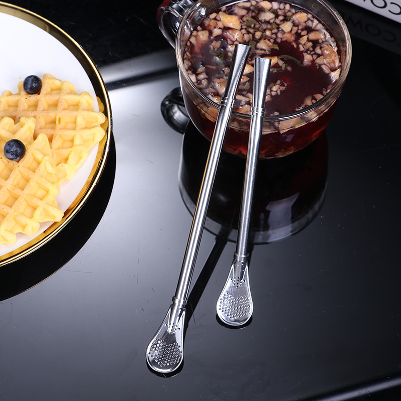 304 cuchara de paja de acero inoxidable creativo de doble uso café bebida mezcla cuchara jugo leche té filtro cuchara de paja