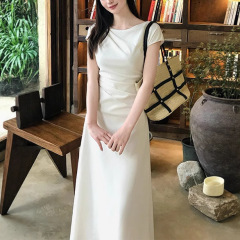 EIA Yiyao [Qingya Art Student] エレガントで知的でシンプルな半袖ドレス レディース 夏 ロングとショートスカート