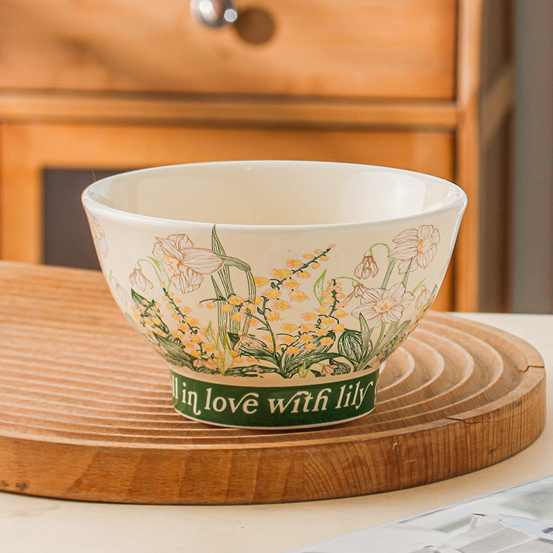 Orquídea de campana feliz lujosa doméstica ins viento cubiertos de arroz de pies altos tazón de fideos tazón de cerámica tazón de arroz de 5 pulgadas simple tazón