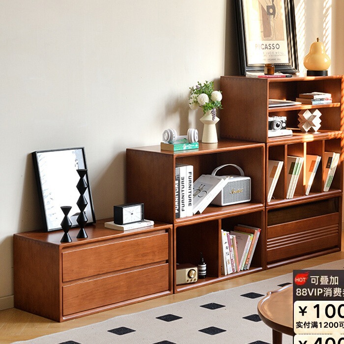 書櫃組合櫃中古風實木展示櫃落地櫃黃楊木儲物櫃收納櫃矮櫃