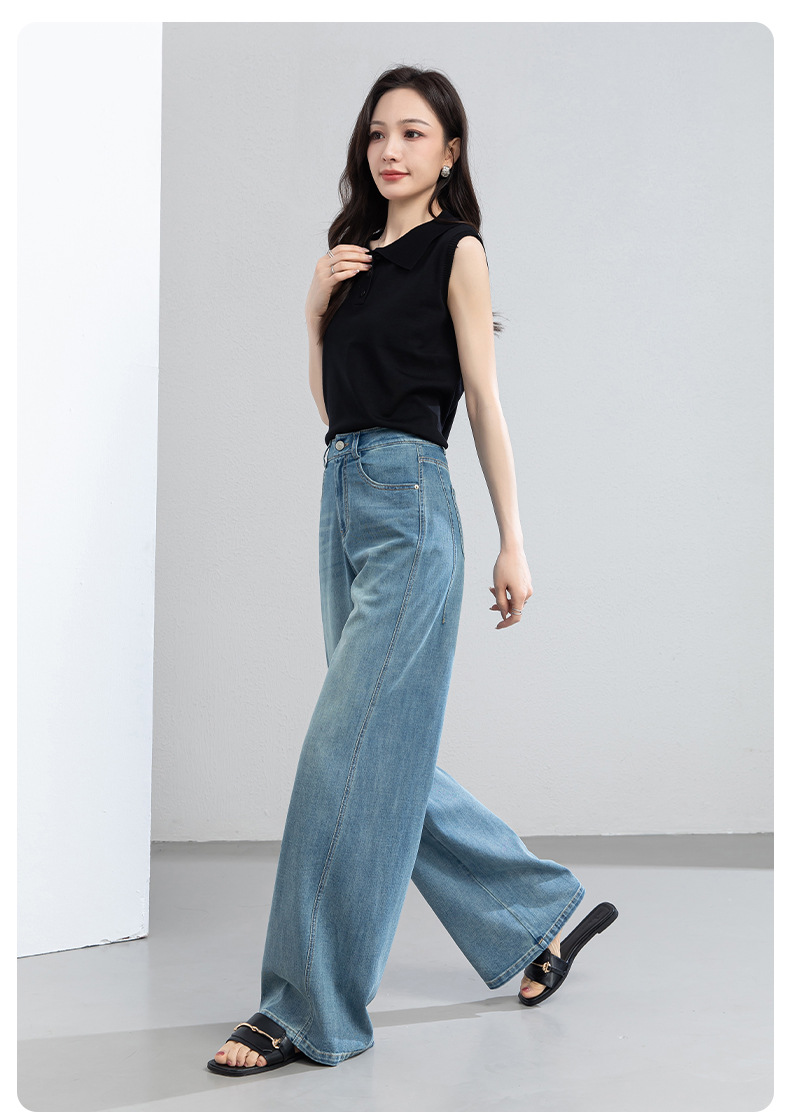 Quần jean nữ ống rộng cạp cao chất vải denim pha sợi tencel mềm mại — xanh lam chi tiết 22