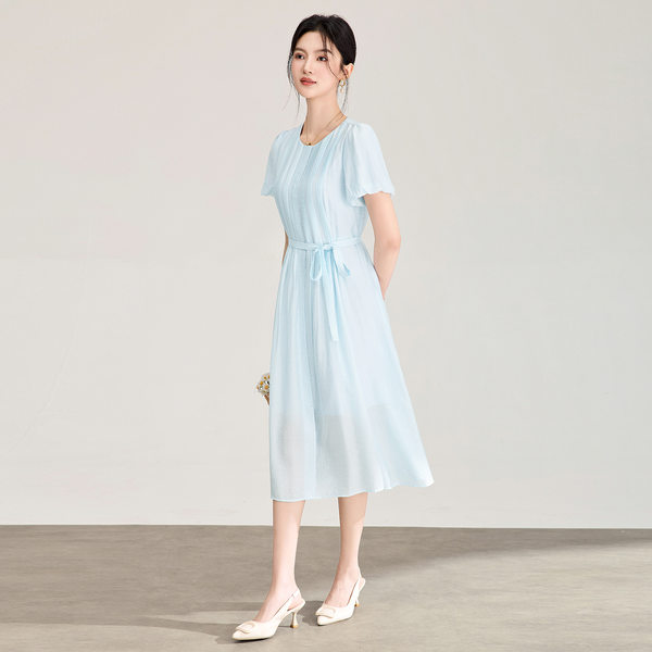 Đầm maxi nữ cổ tròn thắt lưng ren dáng dài — xanh lam