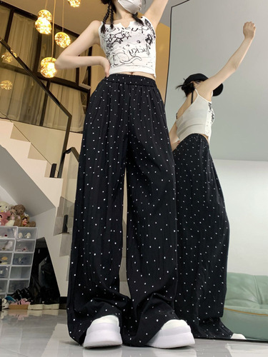 Korean-style beaded ice silk cool pants wide-leg pants for women spring summer thin model high-waisted drape straight-leg pants sunscreen casual pants