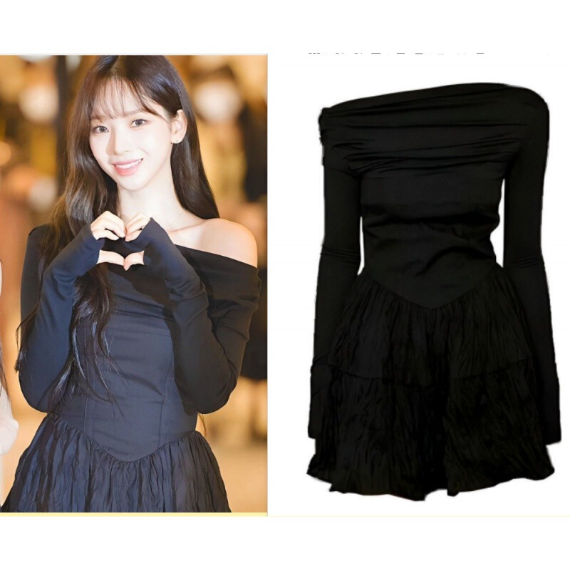 Pu Caiying star same style off-shoulder dress 2023 new Korean off-shoulder oblique collar French socialite waist-tight small black dress