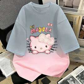 女童短袖纯棉T恤新款中大童夏季女孩可爱渐变满天星百搭上衣半袖t