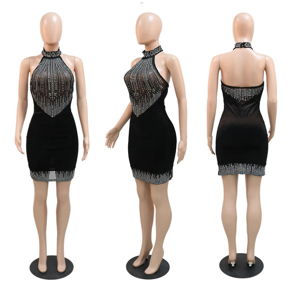 Solid Color Pattern Summer Season Women'S Gender Patchwork, Diamond Design Sexy Style Wholesale Women'S Sexy Patchwork Diamond Solid Color Daily Halter Neck Sleeveless Regular Dress