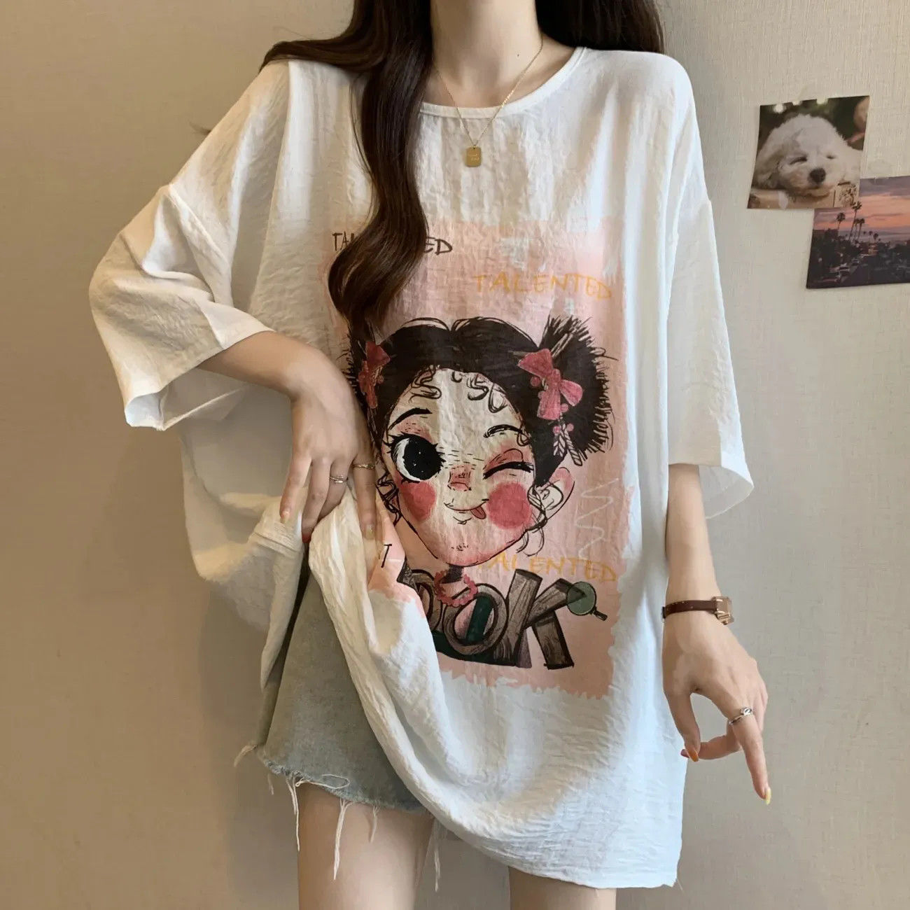 Camiseta de seda de hielo de manga corta de mm gordo de gran tamaño para mujer, camisa de fondo con estampado de dibujos animados de longitud media delgada de verano image 4