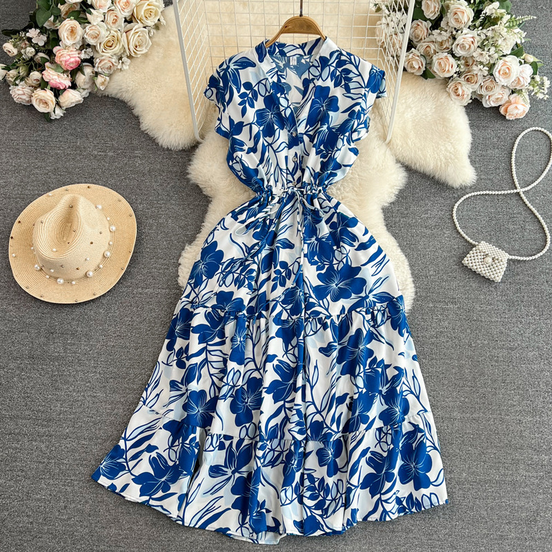 High-end Light Luxury Elegant Flying Sleeve V-neck Tight Waist Slimming A- line Ruffled Printed Dress Elegant Long Dress High-end Light Luxury Elegant Flying Sleeve V-neck Tight Waist Slimming A- line Ruffled Printed Dress Elegant Long Dress