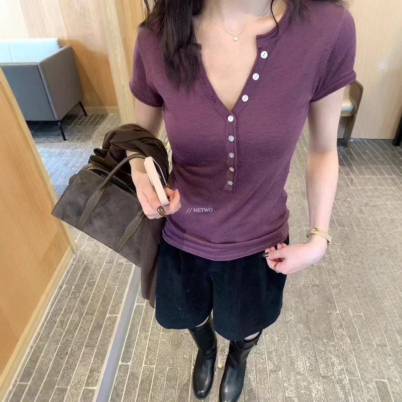 Hers Sweet Summer Slim Fit Waist-Cinching Button Henley Collar Short Sleeve Knit Top for Women 80418
