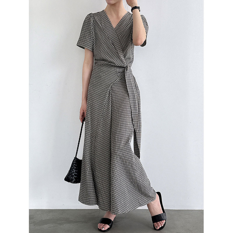 Luxi French-Style V-Neck Tie-Waist Plaid Dress for Women, Summer New Slim-Fit Mid-Length Dress 3937