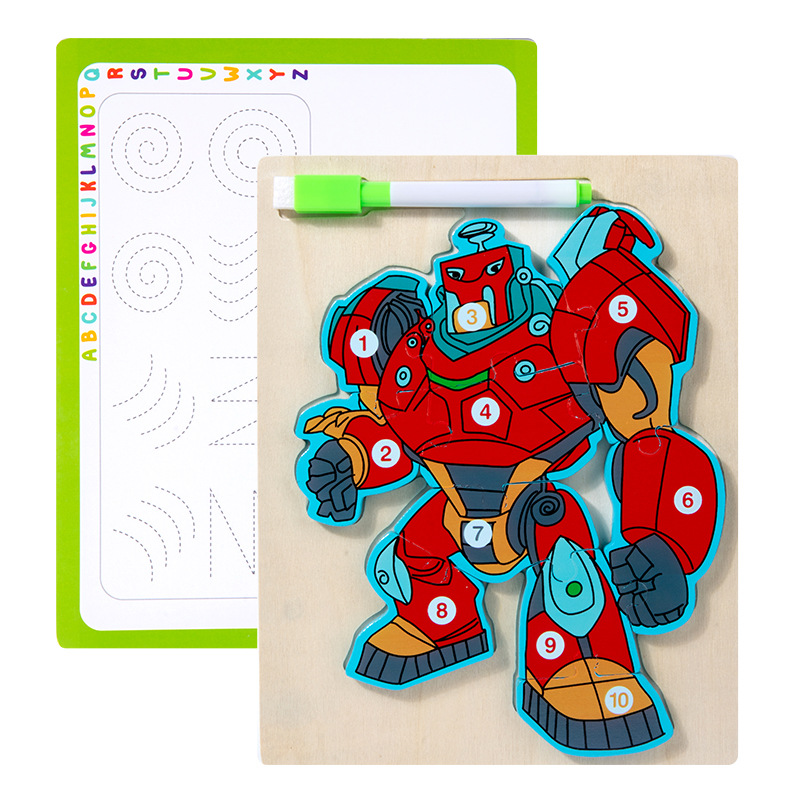 Juguetes de educación temprana de madera, rompecabezas de robots, tablero de dibujo, juguetes para niños, juguetes de rompecabezas de robots tridimensionales dos en uno