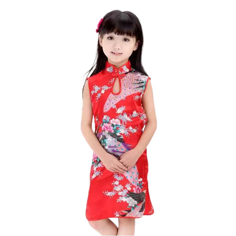 Silk Handled Peacock Cheongsam Summer Children's Tang Suit Cheongsam Girls Drip Collar Princess Dress Ceremony for Big Children