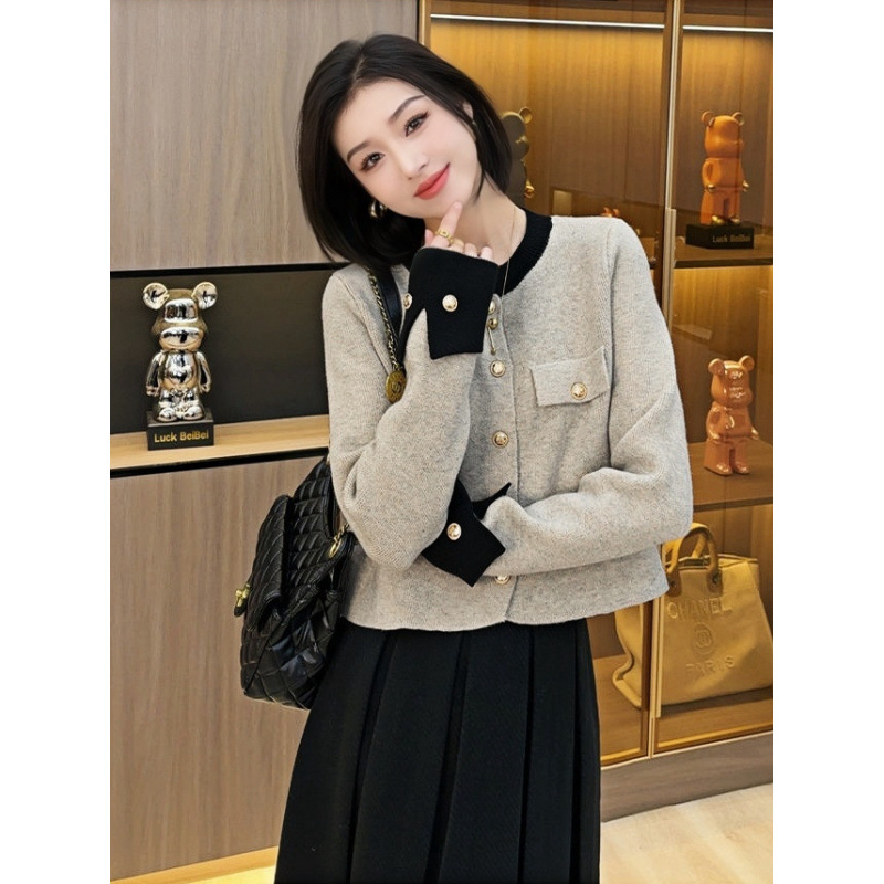 B1012 Elegant Chanel-inspired Lady-style Color-blocked Single-breasted Knit Sweater, New Autumn/Winter Retro Chic Versatile Top