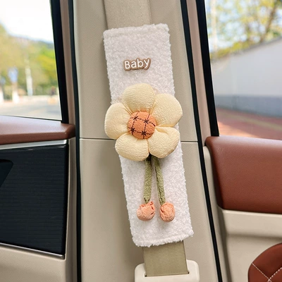 Creative and Cute Design for Women, Seat belt shoulder pad - light-yellow-sunflower-white-sherpa-shoulder-pads-24cm-single