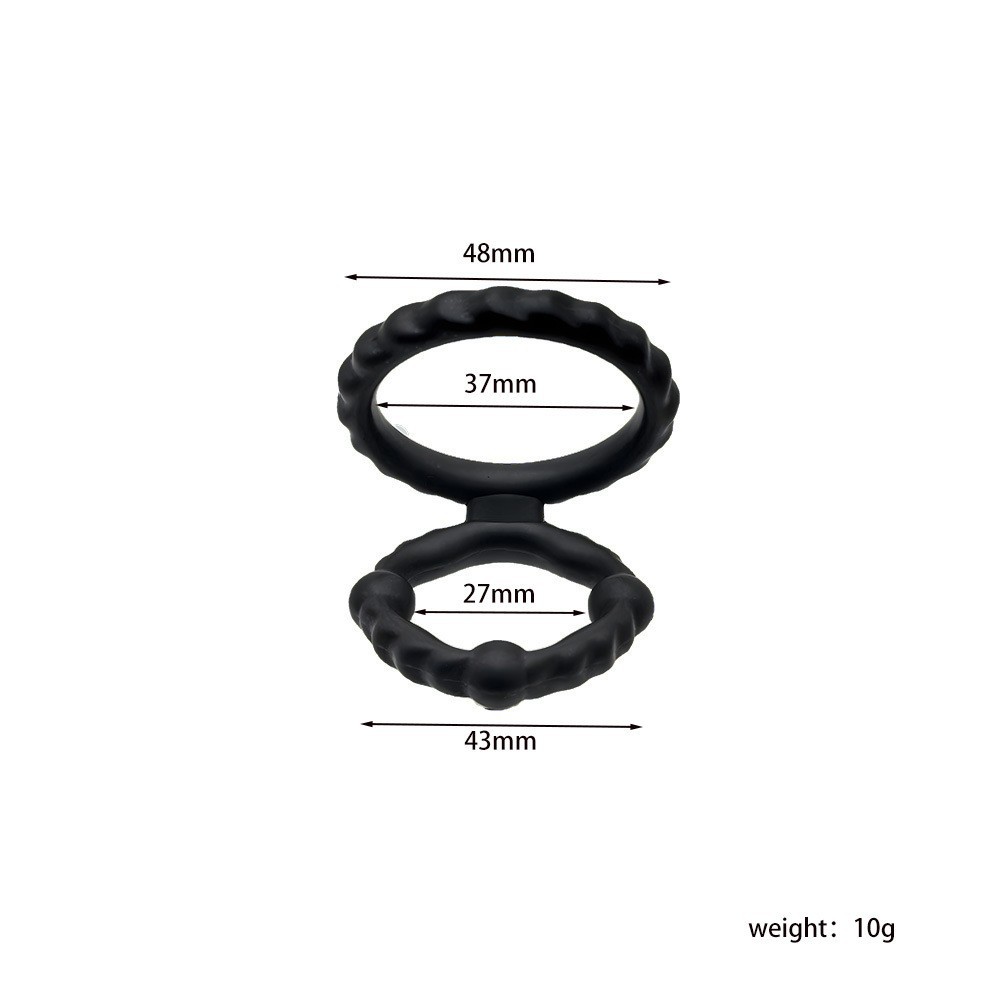 Locking Double Ring Silicone Delay Cock Ring, Black, Non-vibrating — detail image 2