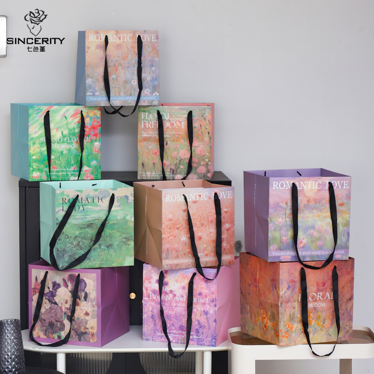 Nuevo estilo de pintura al óleo de siete colores cordier inglés bolsas de mano de flores rojas flores materiales de embalaje de flores portátiles