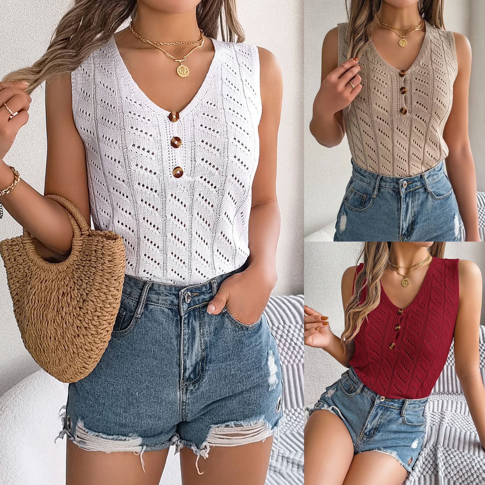 Real shot summer new solid color button V-neck hollow sleeveless top holiday sweater Amazon cross-border women's clothing