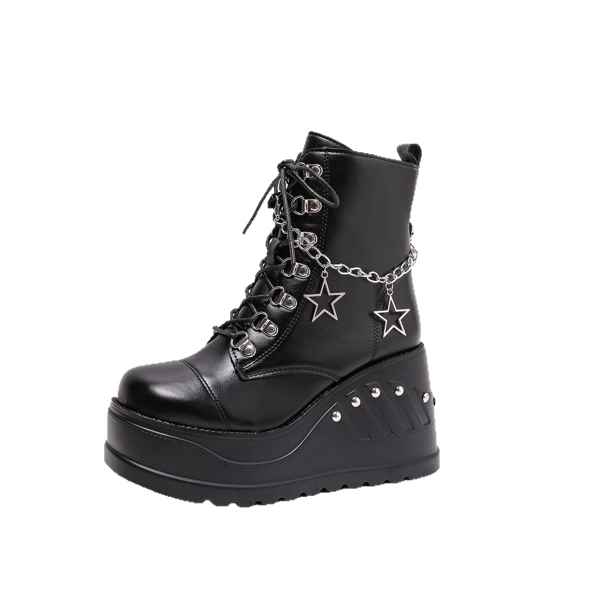 Women's Plus Size Platform Wedge Ankle Boots British Style Studded Chain Riding Boot Thick Sole Pointed Toe Over-the-Ankle Black Autumn_voghion.com