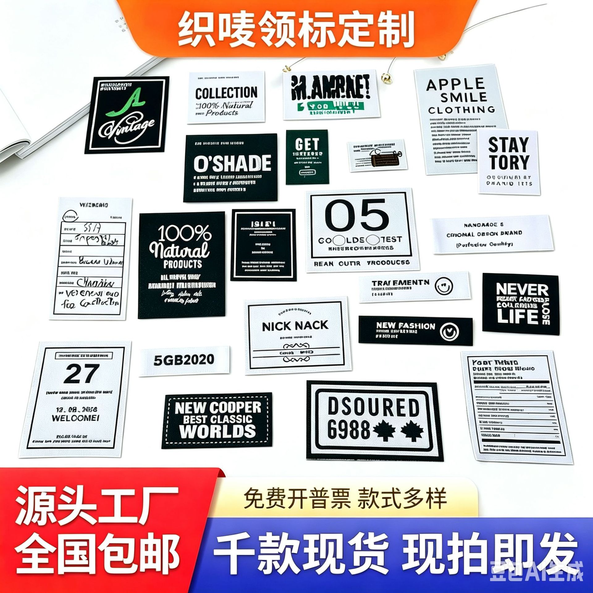 现货织唛布贴布厂家生产服装辅料鞋标帽标衣服LOGO布标胶章水洗标