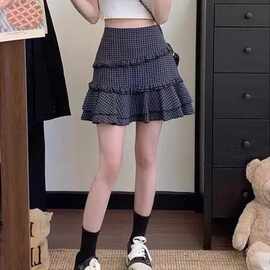 复古格子设计感半身裙女2026春夏季新款荷叶边高腰a字短裙子
