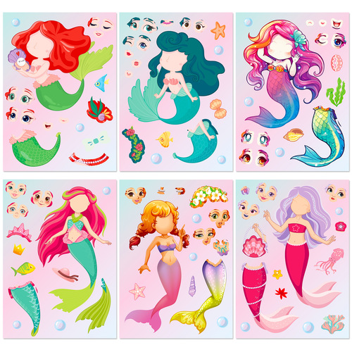 6 pieces/pack Mermaid Face Change Stickers Mermaid Princess Cartoon Parent-Child Interactive Diary DIY Puzzle Stickers