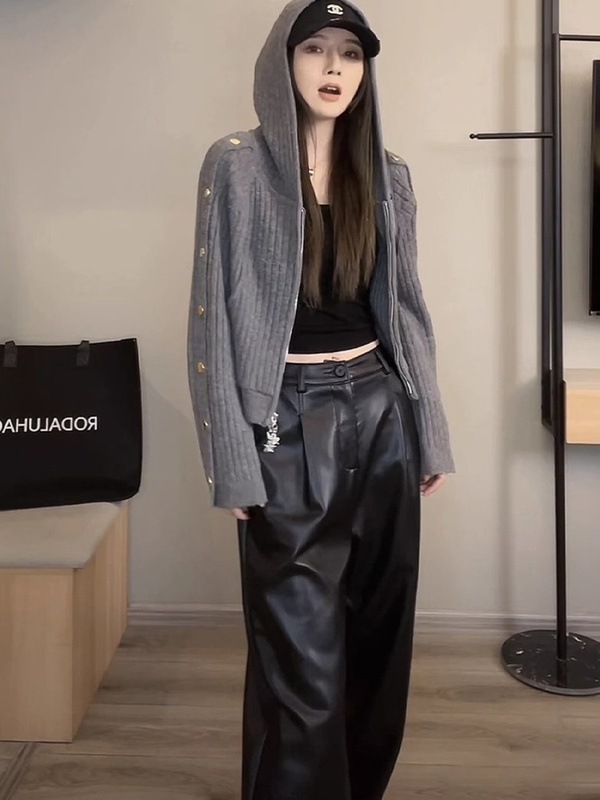 双拉链连帽短款针织开衫女2025新款小众时尚休闲慵懒毛衣外套上衣|undefined