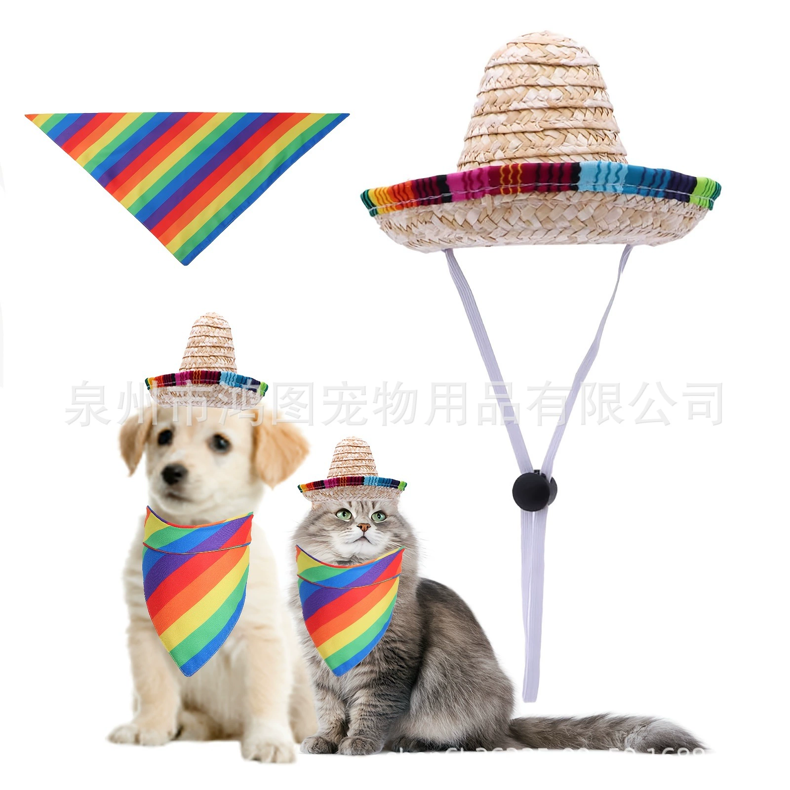 2025 Трансграничный новый мексиканский питомец соломенная шляпа радуга шарф украшения для вечеринки подходит для дня рождения маленькой собаки кошки