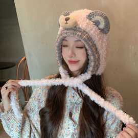 秋冬帽子女保暖大头显脸小针织毛线帽小熊可爱辫子雷锋帽加绒加厚