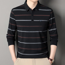 2025秋季新款男士长袖体恤衫中年男款条纹真口袋装饰翻领爸爸衫潮