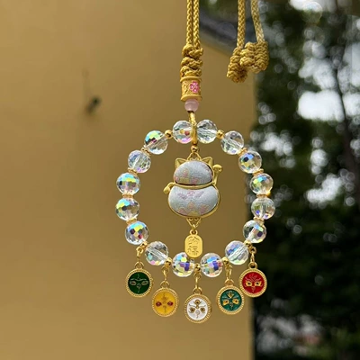 car pendant, colorful crystal peace lock — Car hanging - light-blue-fortune-cat