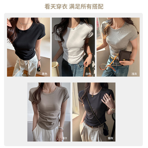 Korean small round neck high-end design sense front shoulder short-sleeved T-shirt for women's side pleated slim base shirt summer top