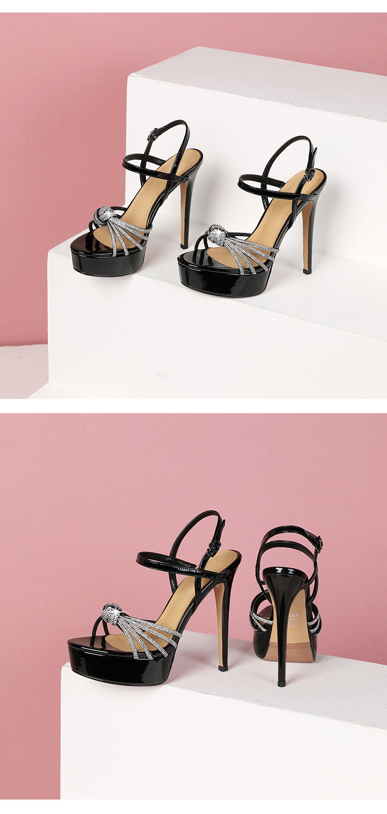Sandal nữ cao gót 13 cm đính đá hở mũi quai mắt cá chân da thật — Bạc (13 cm) chi tiết 11