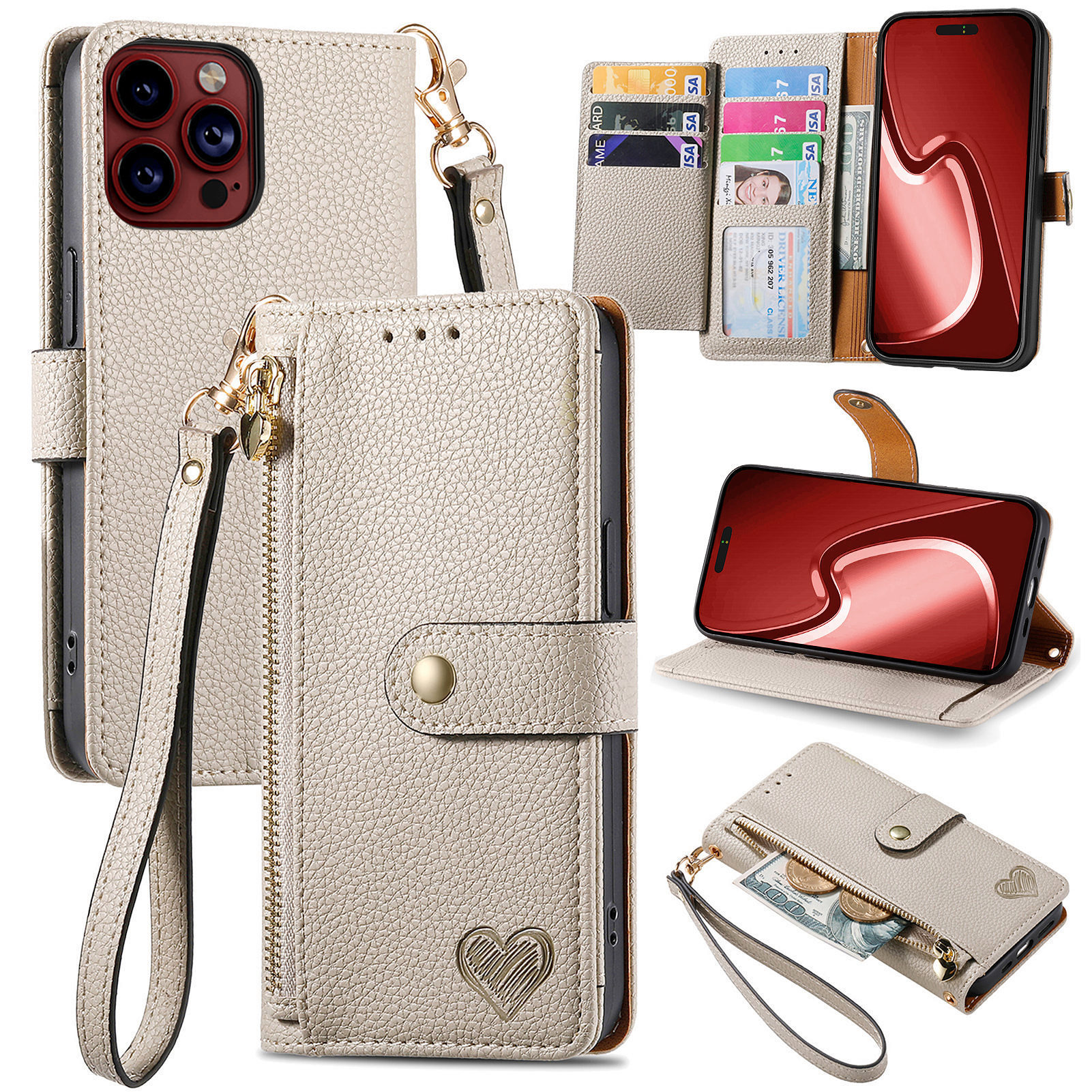 109g Weight iPhone Applicable Brands Phone Cases Classification tpu, Pu Leather Material Heart Shape, Solid Color Pattern Basic Style Heart Shape Solid Color Tpu Pu Leather Wallets 27