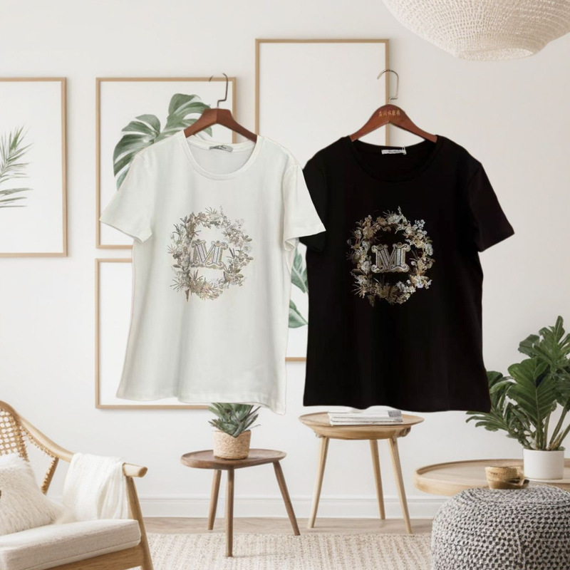 Max Summer 26 New Letter Print Loose Casual Short Sleeve Women's Rhinestone Versatile Stylish Round Neck T-Shirt