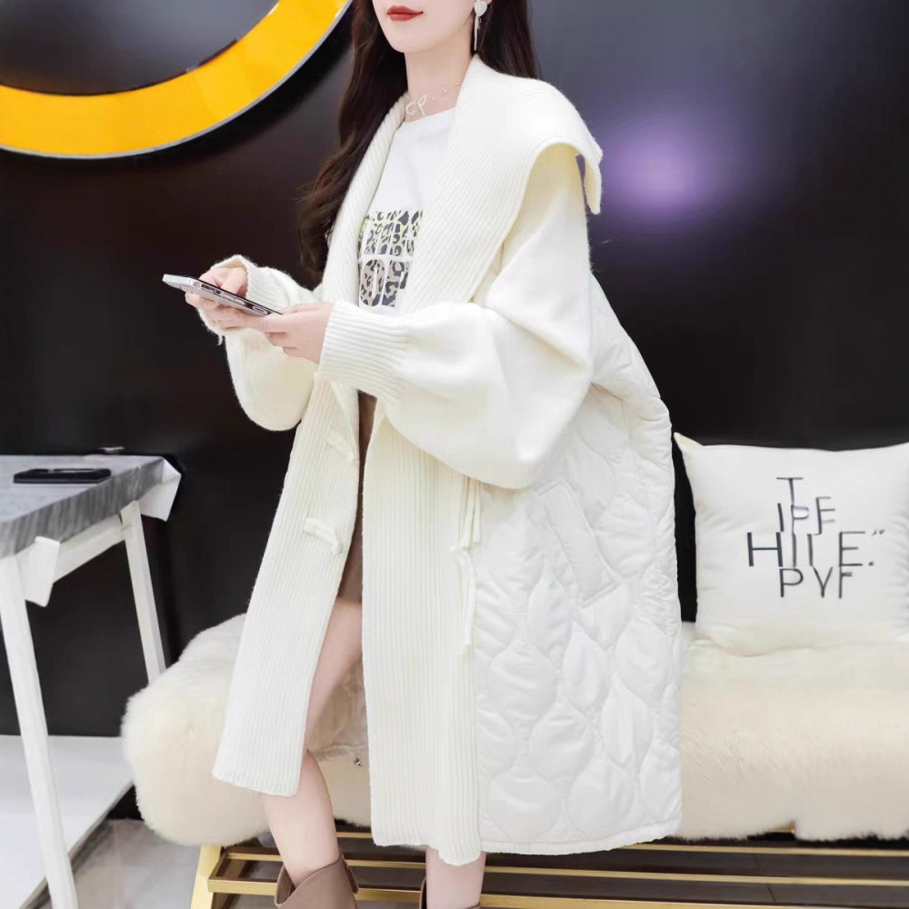 小众盘扣翻领针织棉服拼接开衫女百搭休闲宽松大码欧版中长款外套