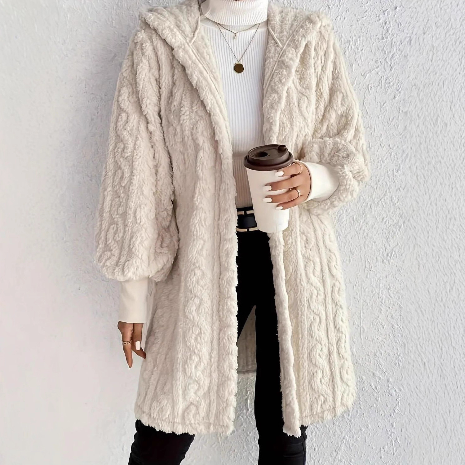 速卖通 Wish ebay2025秋冬欧美女装纯色长袖连帽宽松毛绒绒外套女