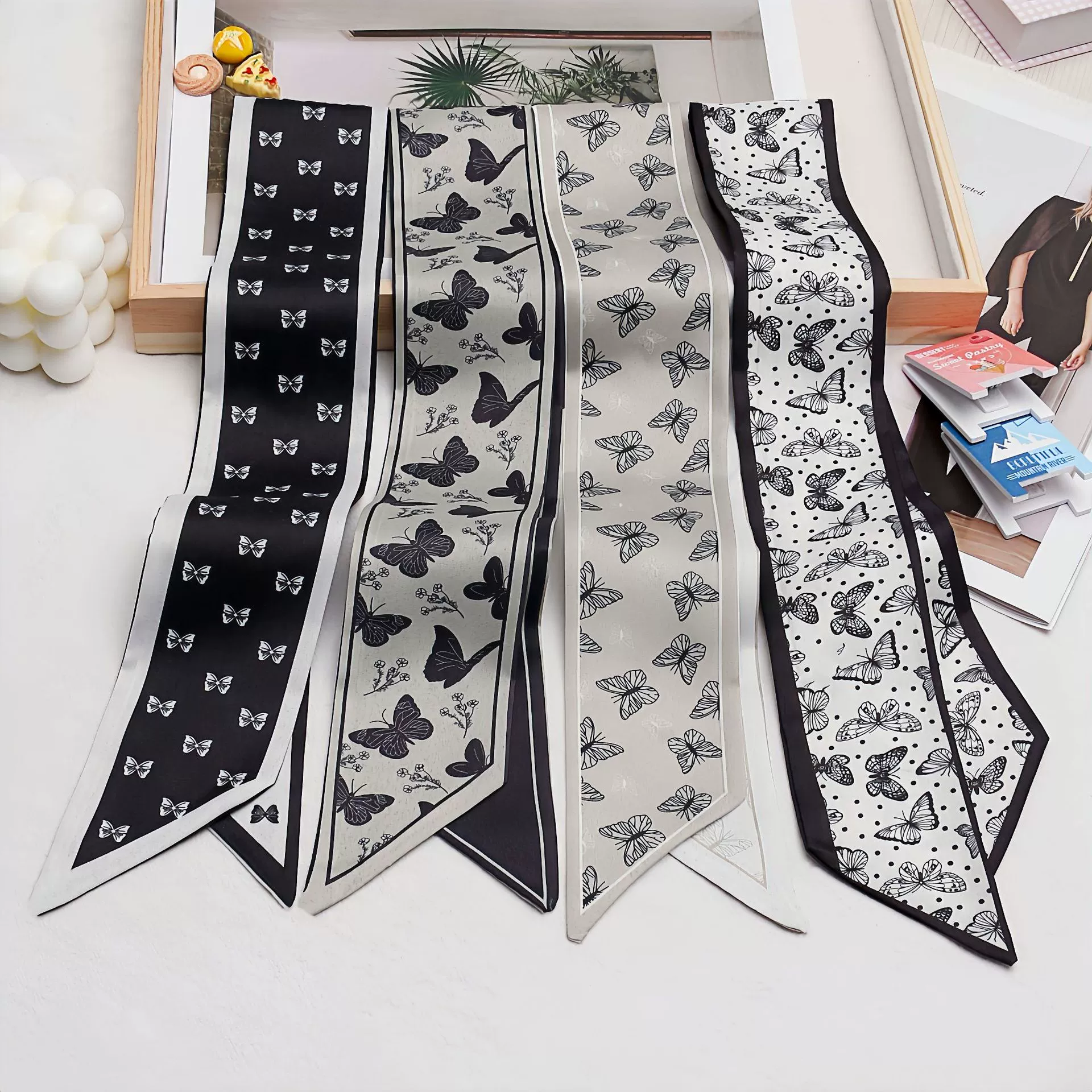 New black and white silk scarf headband long silk scarf accessories satin headdress streamers striped mesh butterfly hair accessories