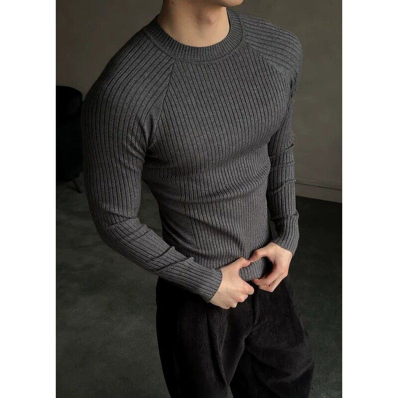 American-style textured ribbed knit sweater for men, autumn, muscle-enhancing, athletic, fitness, long-sleeved, slim-fit, inner layer, base shirt