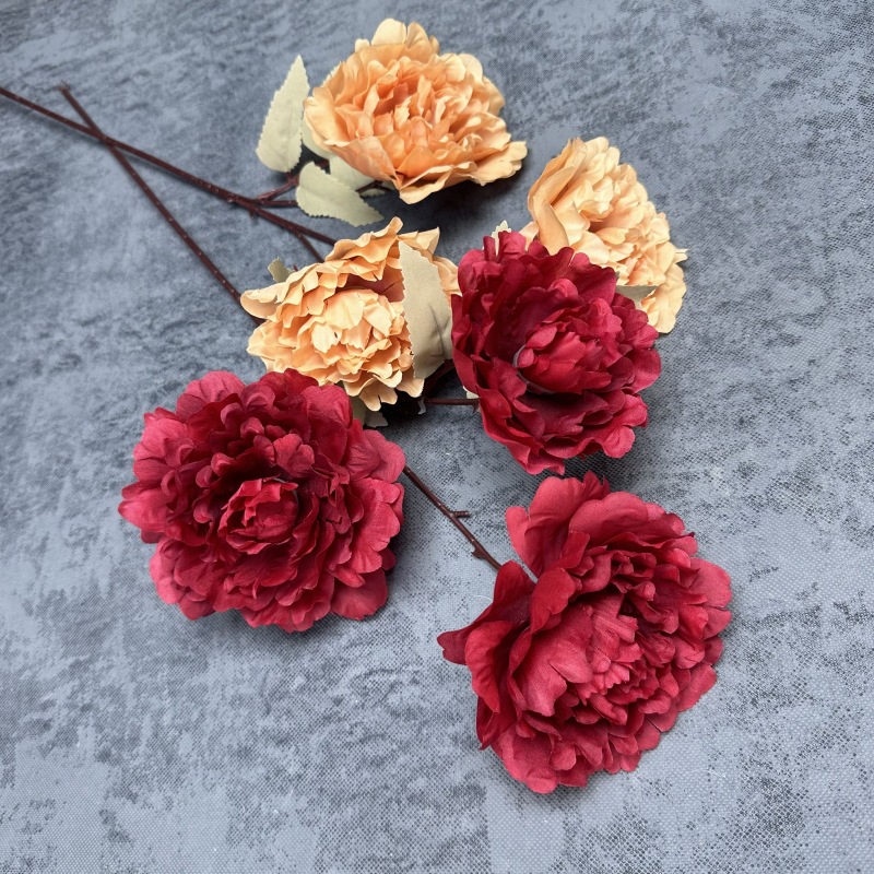 Simulación de 3 cabezas de flores de peonía de durazno en el hogar decoración de la boda accesorios de disparo decoración de flores falsas hechas a mano al por mayor