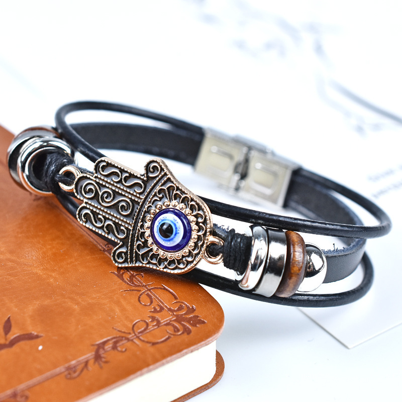 Fatima Palm Devil's Eye Leather Bracelet Turkish Blue Eyes Stainless Steel Buckle Wooden Bead Woven Bracelet Fatima Palm Devil's Eye Leather Bracelet Turkish Blue Eyes Stainless Steel Buckle Wooden Bead Woven Bracelet