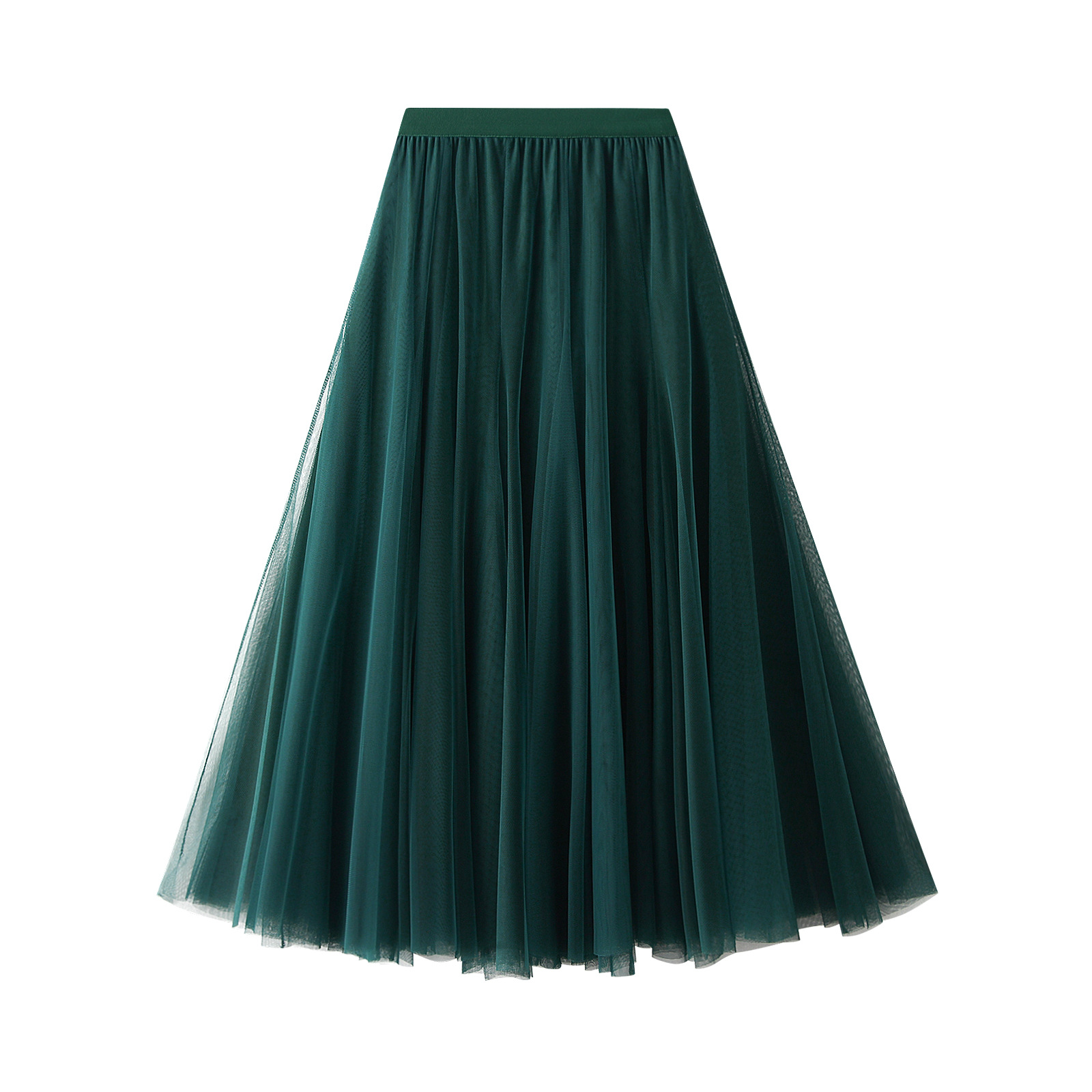 Ein High-Waist-Plisseetüll-Midirock in tiefem Smaragdgrün mit fließendem, mehrlagigem Design und einem figurbetonten Bund aus luftigem Stoff