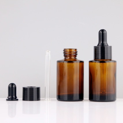 30ML en stock botella de vidrio de hombro plano transparente botella de aceite esencial marrón botella de líquido de esencia esmerilada base líquida sub-botella
