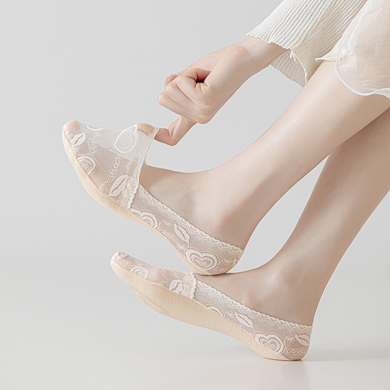 Deep-cut Ultra-thin Hollow Lace Don't Fall Down Boat Socks Summer Transparent Mesh Sweet Socks Women's Cotton Bottom Breathable Non-slip