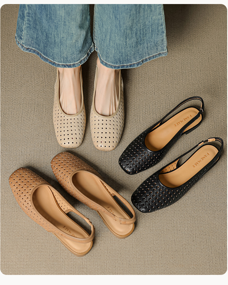 Sandal nữ đế bệt mũi bọc da bò, quai sau hở, phong cách vintage đan lỗ — đen chi tiết 6