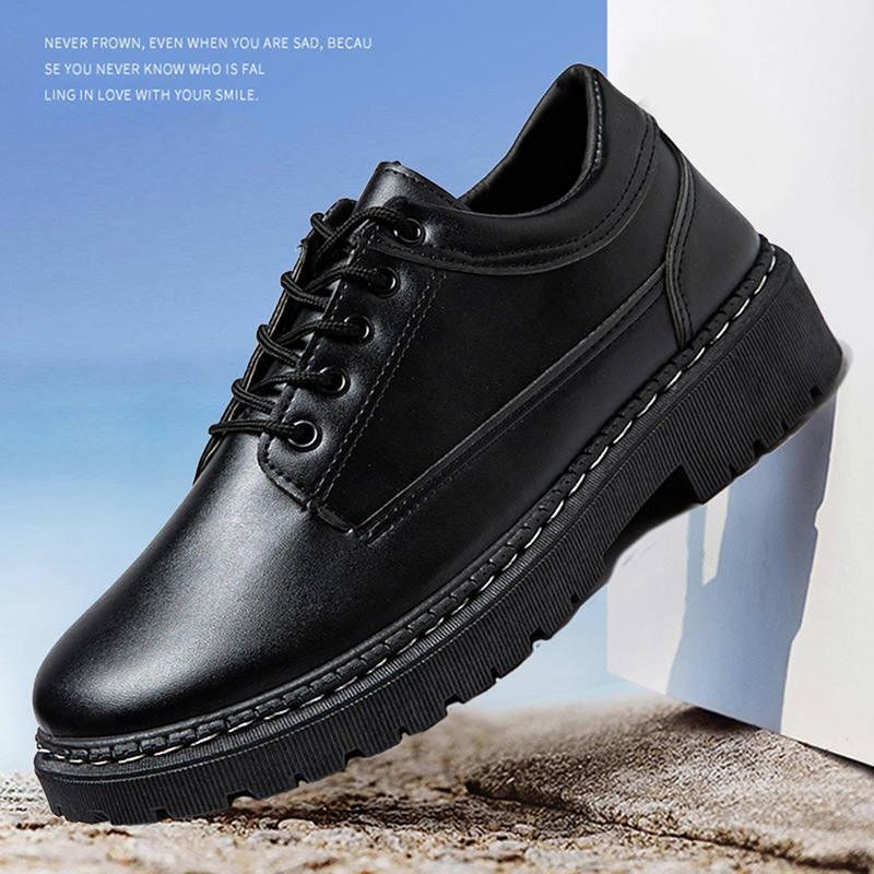 春秋透气英伦风商务正装皮鞋潮流百搭大头休闲鞋系带黑色工作鞋男