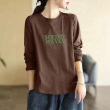 品牌剪标外贸出口100%纯棉长袖印花t恤女春秋款百搭显瘦文艺上衣