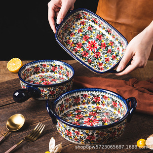 Polish Ceramic Handle Bowl Household Plate Baking Bowl Double-Eared Bowl Soup Bowl Salad Instant Noodle Bowl Retro Tableware Amazon