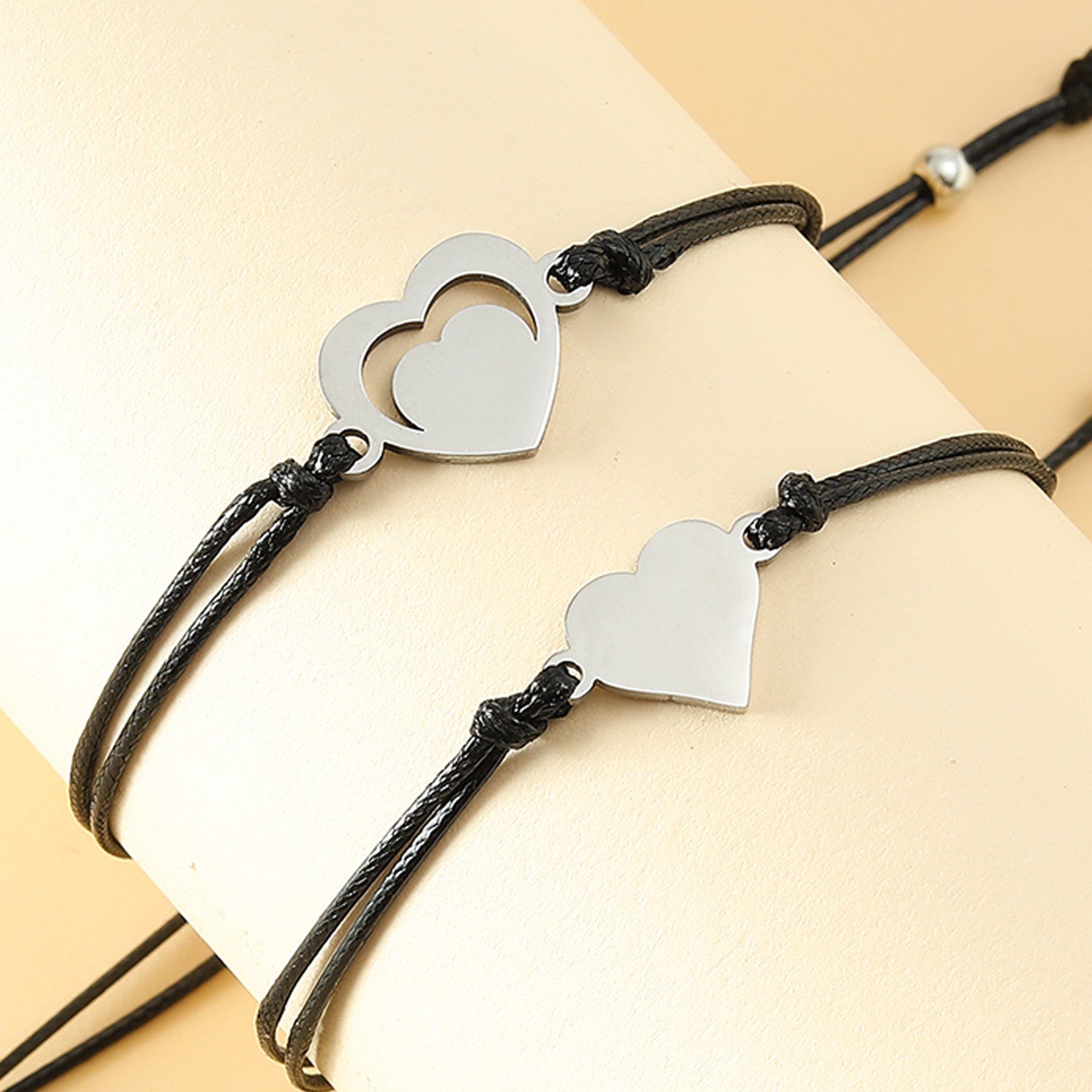 Fashion Jewelry Stainless Steel Hollow Heart Shaped Card Hand Weaving Bracelet2 Pieces display picture 2