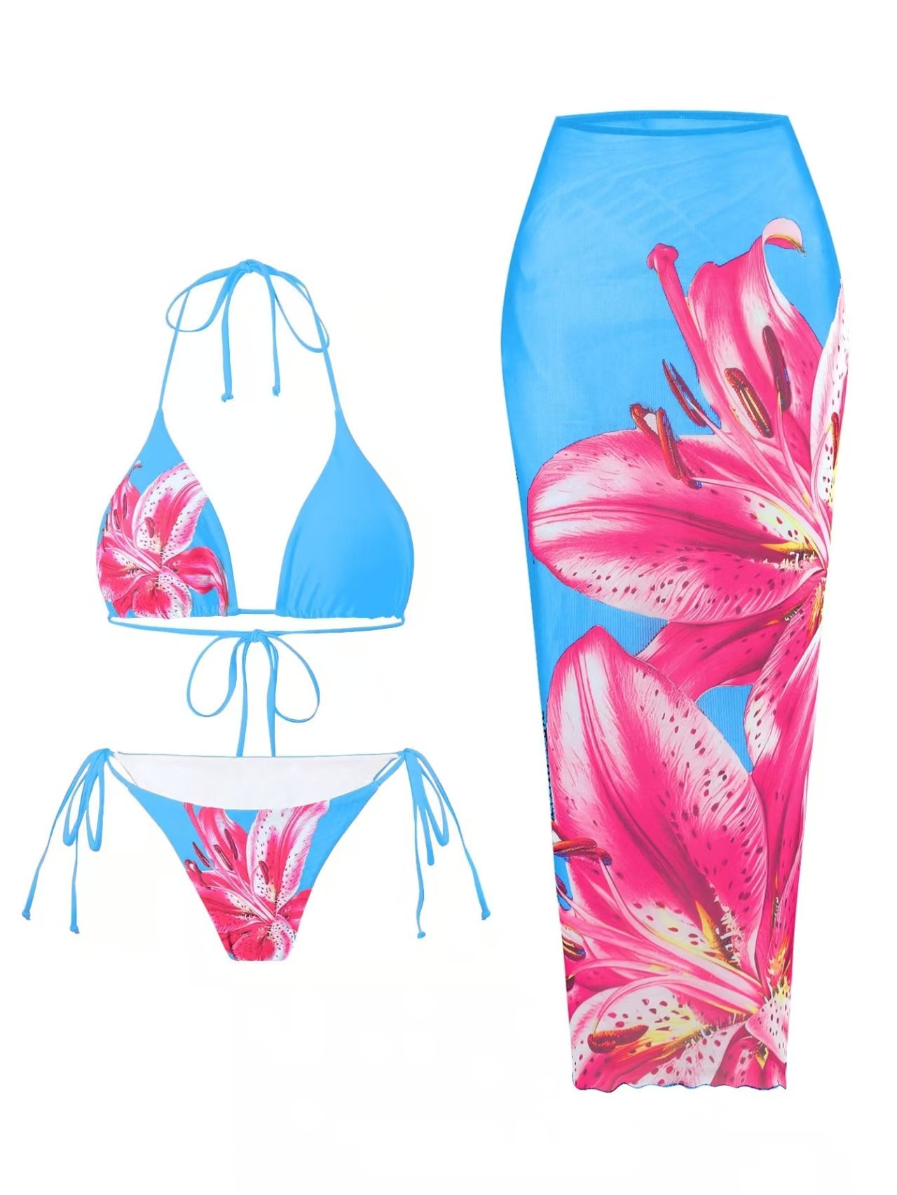 Women's Lily Print Three Piece Bikini Set With Wrap Skirt_voghion.com