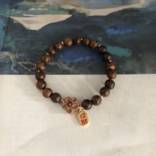 Natural Tiger Skin Sandalwood Single Circle Bracelet with 8mm Round Beads and Peach Blossom Pattern Women's Jewelry